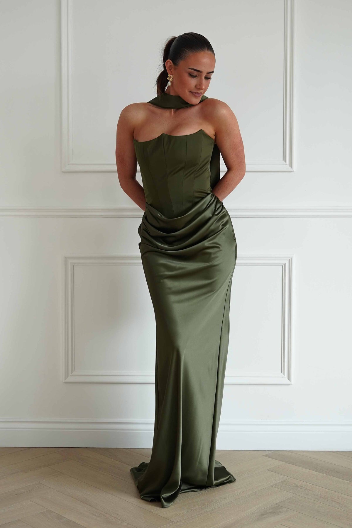 Giselle Corset Satin Maxi Dress | Olive-Oh Hello Clothing