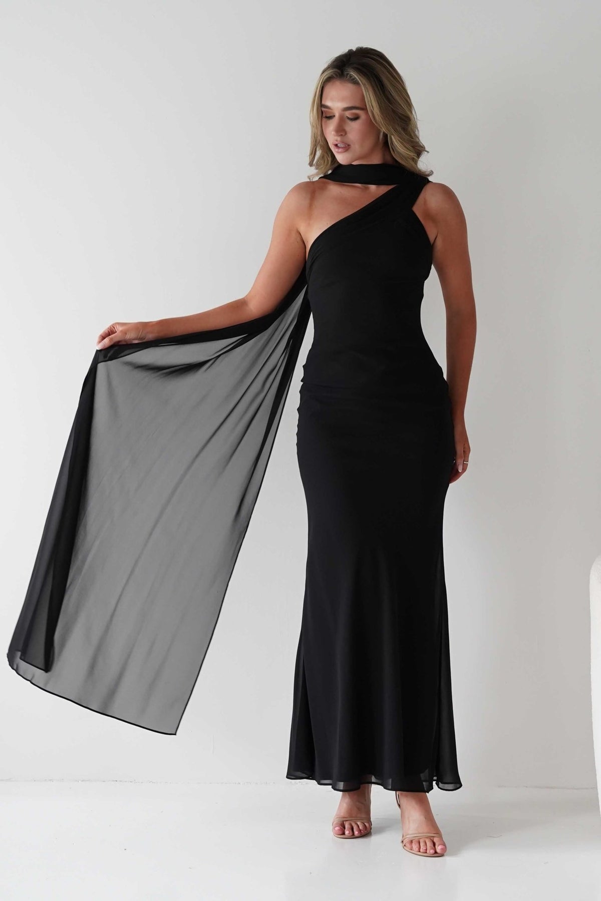 Hathaway Chiffon Drape Maxi Dress | Black-Oh Hello Clothing