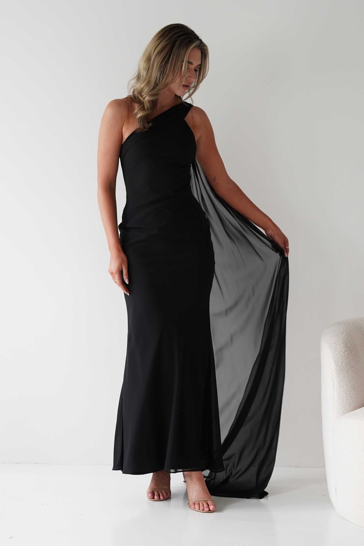 Hathaway Chiffon Drape Maxi Dress | Black-Oh Hello Clothing