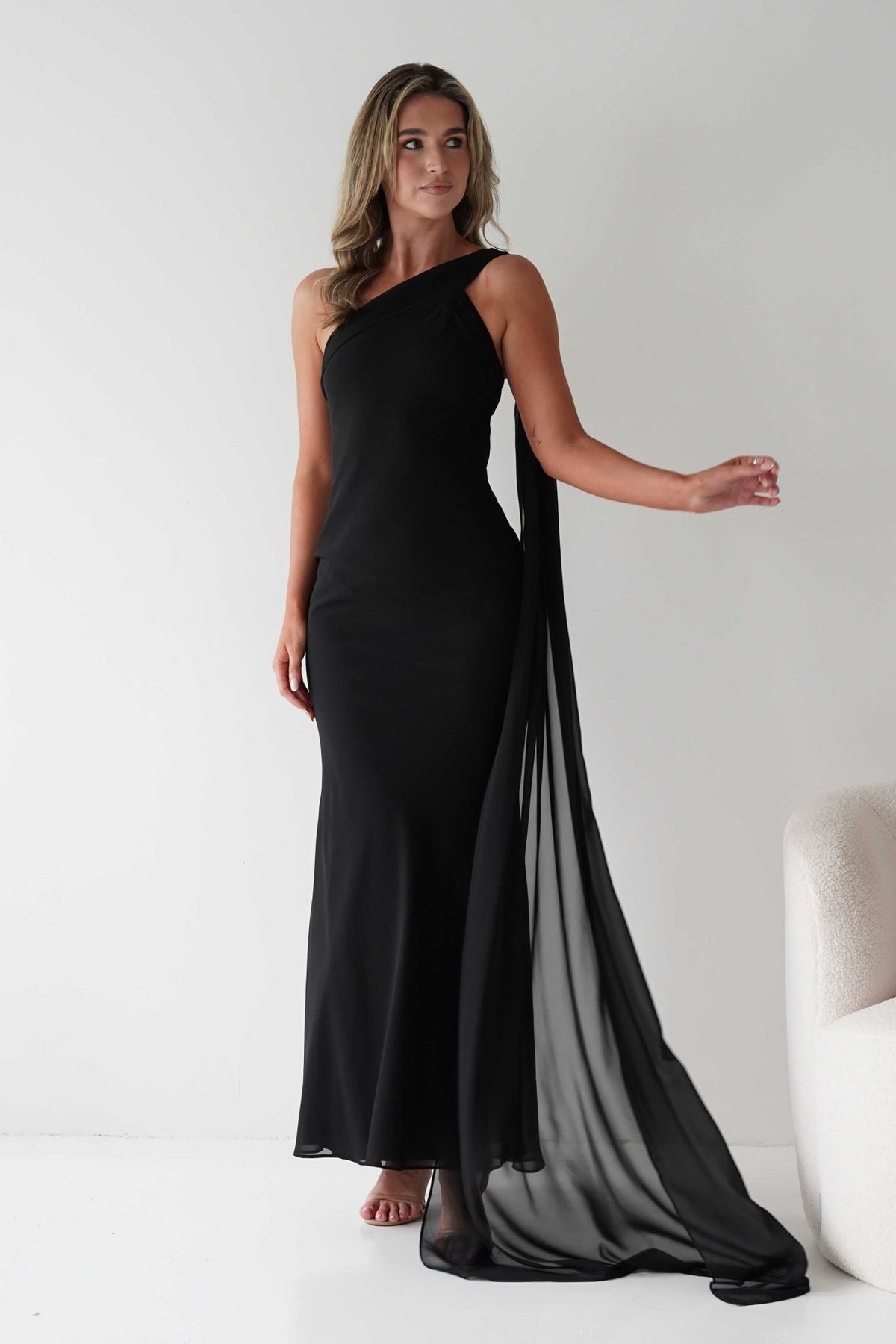 Hathaway Chiffon Drape Maxi Dress | Black-Oh Hello Clothing