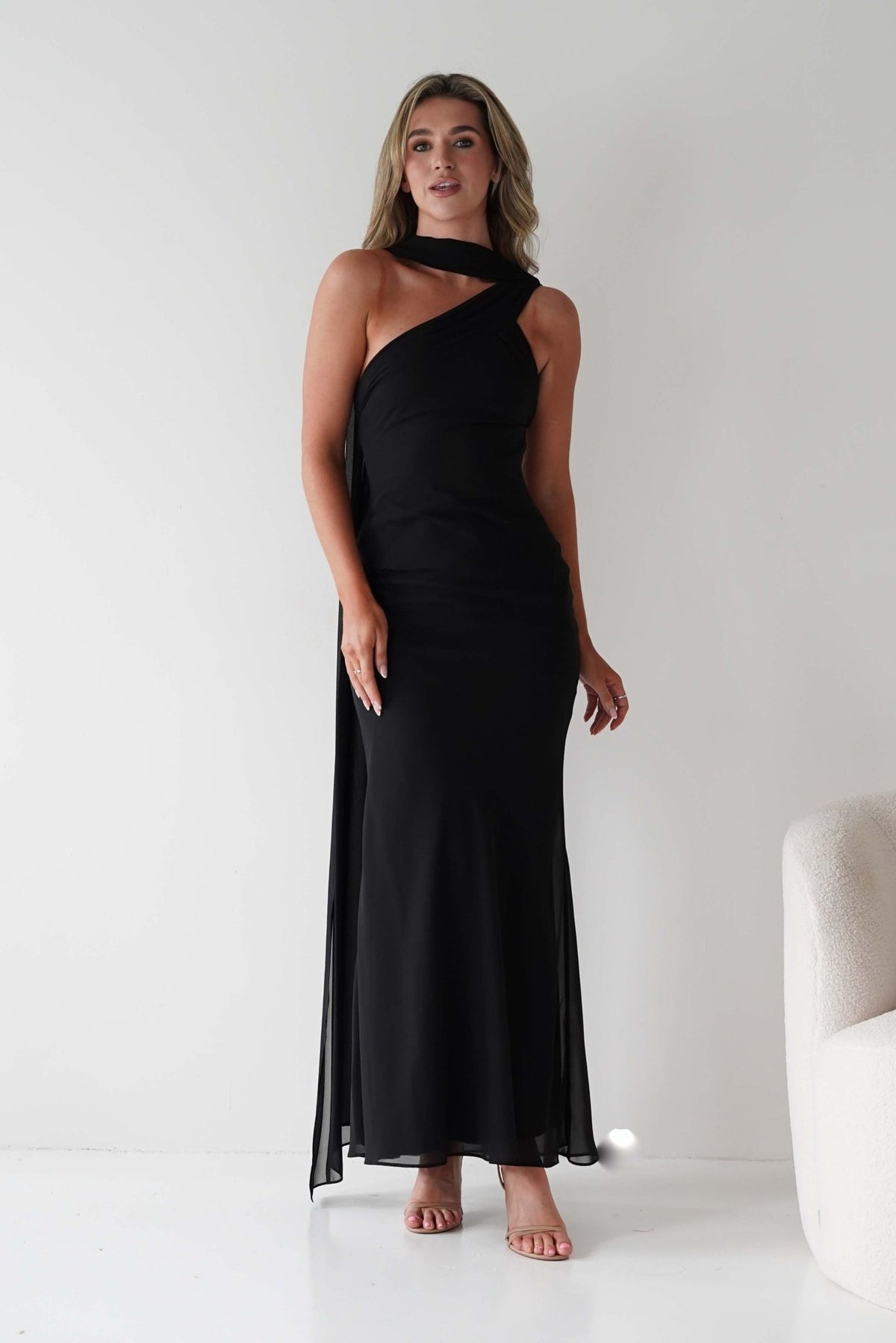 Hathaway Chiffon Drape Maxi Dress | Black-Oh Hello Clothing