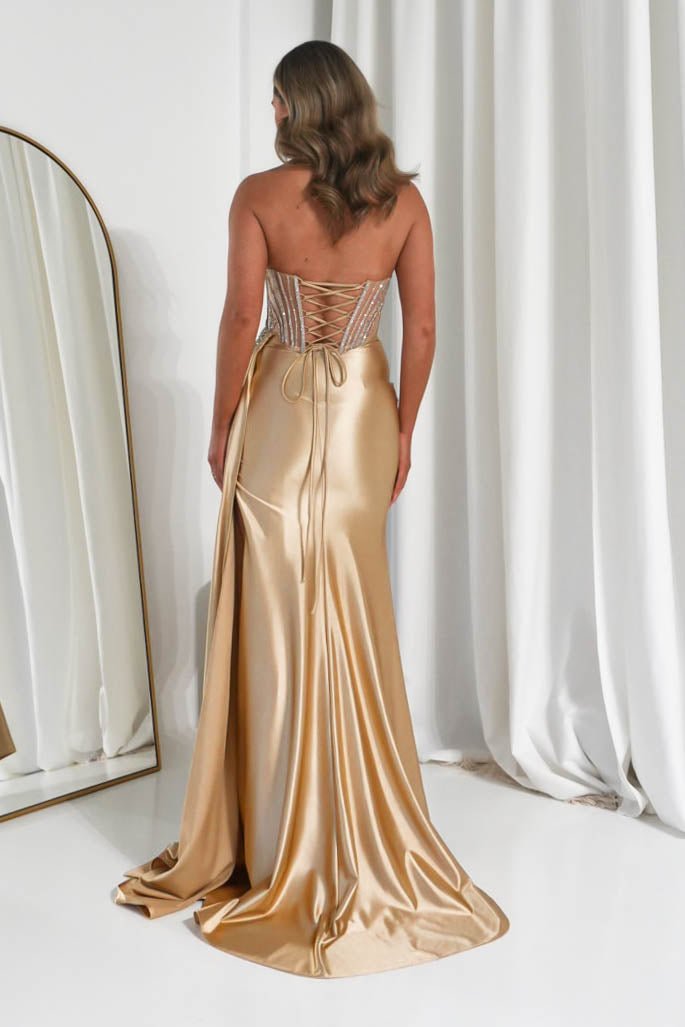 Hazelle Crystal Embellished Corset Gown | Gold-Oh Hello Clothing