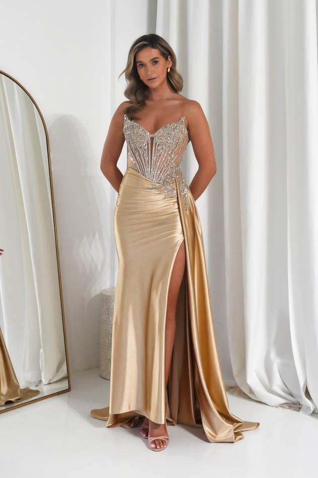 Hazelle Crystal Embellished Corset Gown | Gold-Oh Hello Clothing