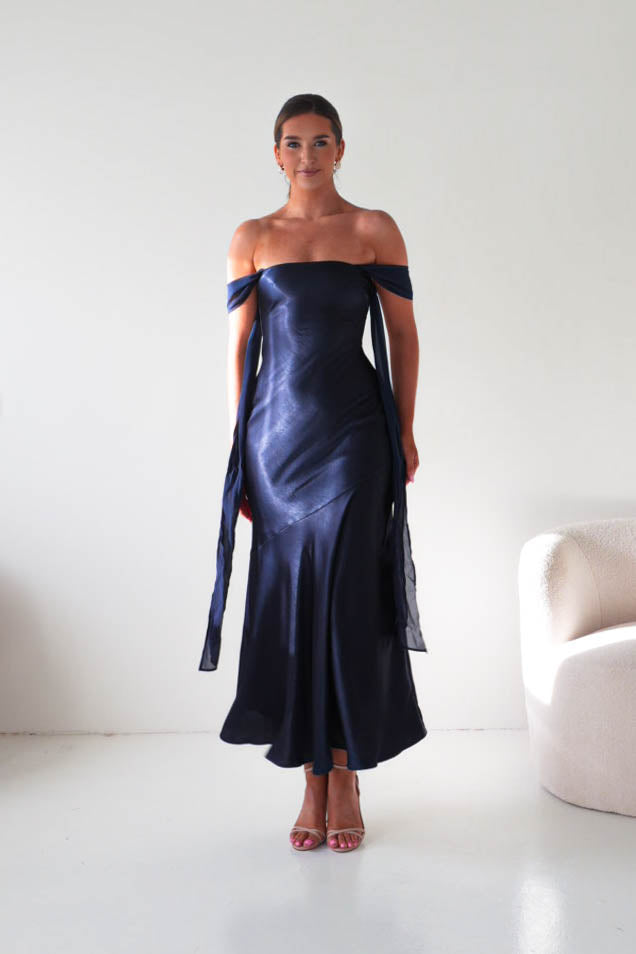 Helda Off The Shoulder Soft Satin Maxi Dress | Navy-Oh Hello Clothing