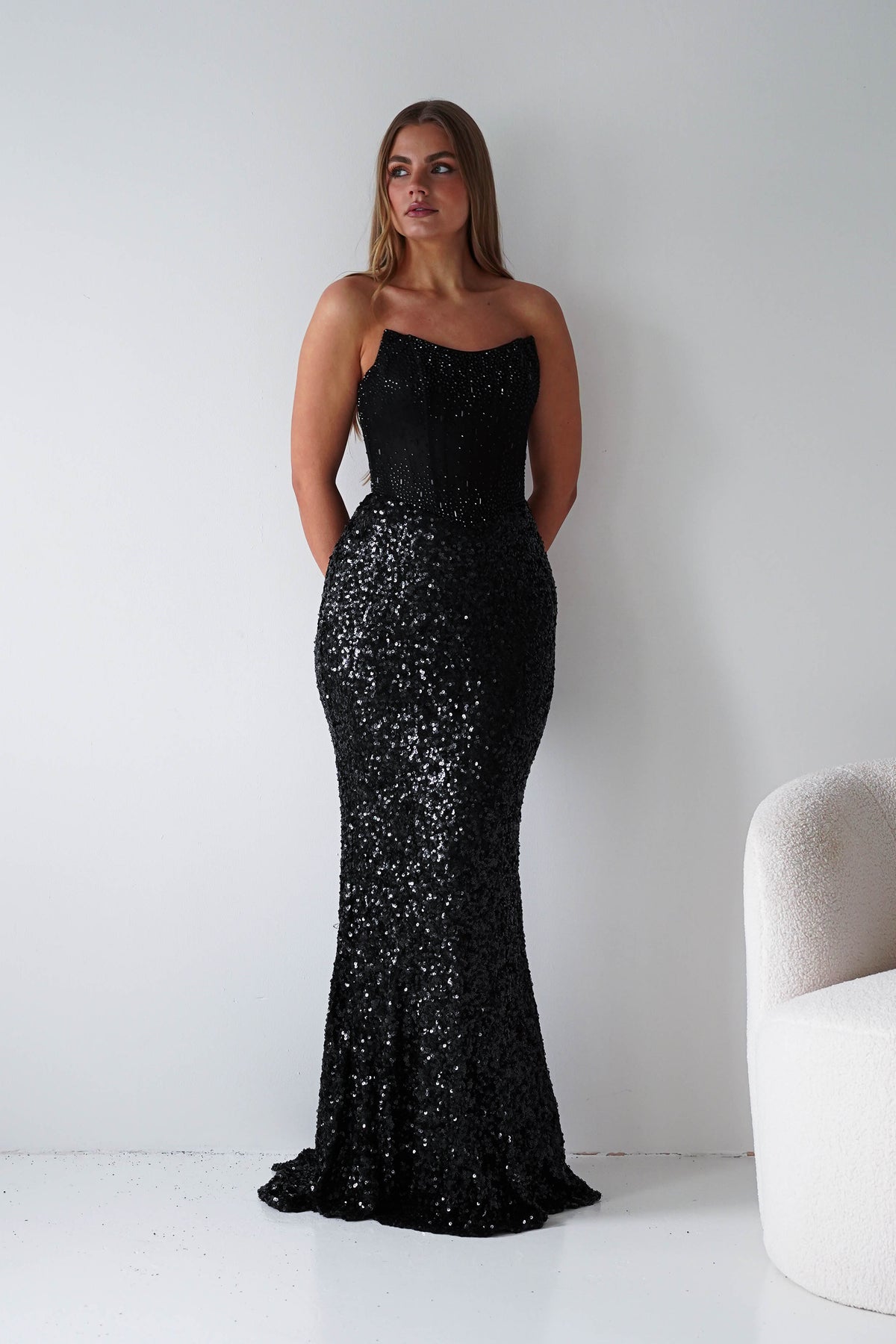 Henrietta Strapless Corset Sequin Gown | Black-Oh Hello Clothing