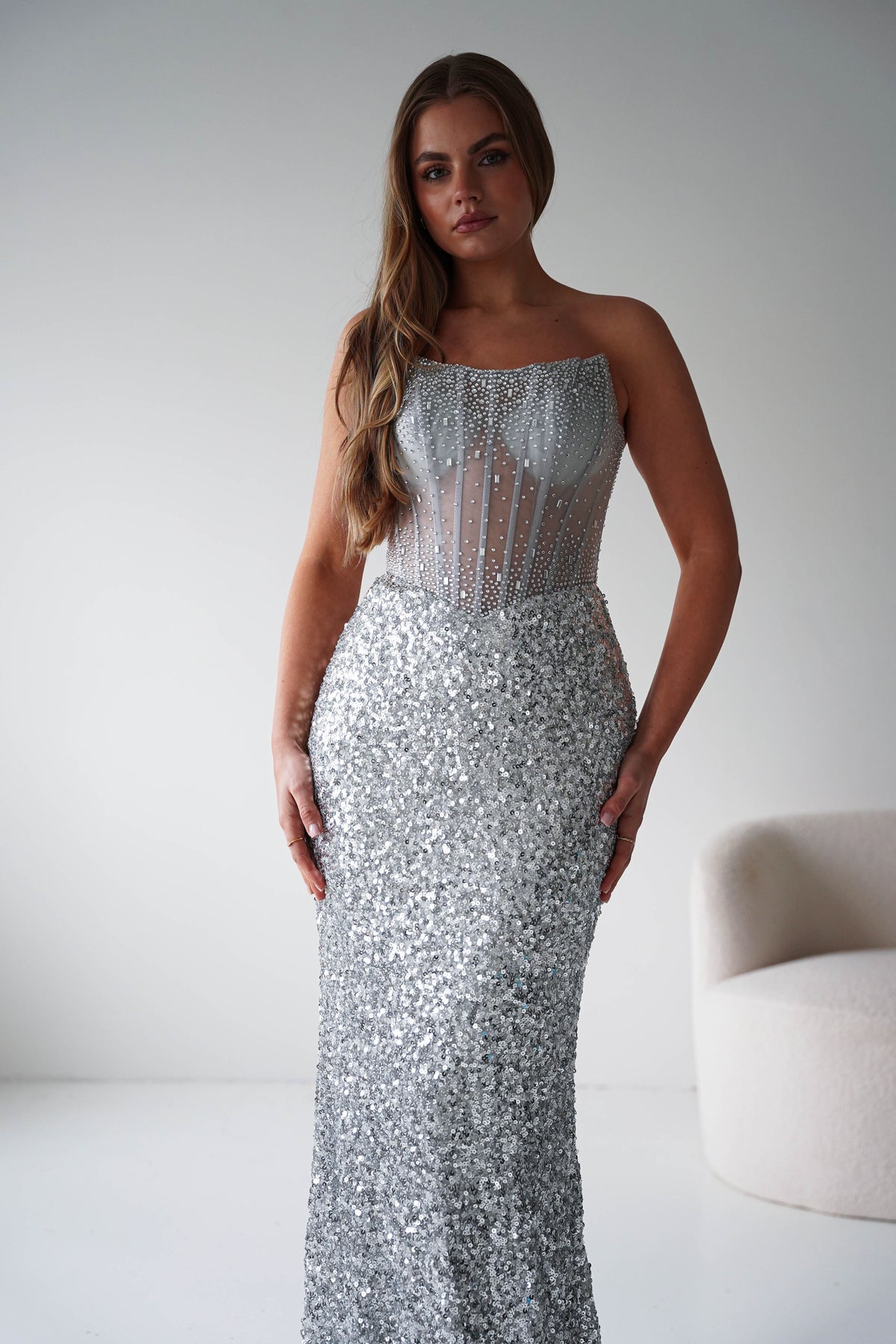 Henrietta Strapless Corset Sequin Gown | Silver-Oh Hello Clothing