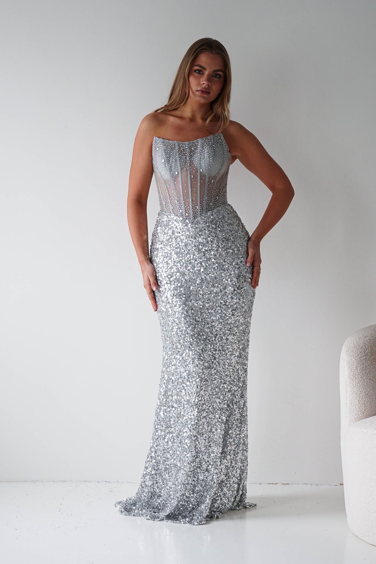 Henrietta Strapless Corset Sequin Gown | Silver-Oh Hello Clothing