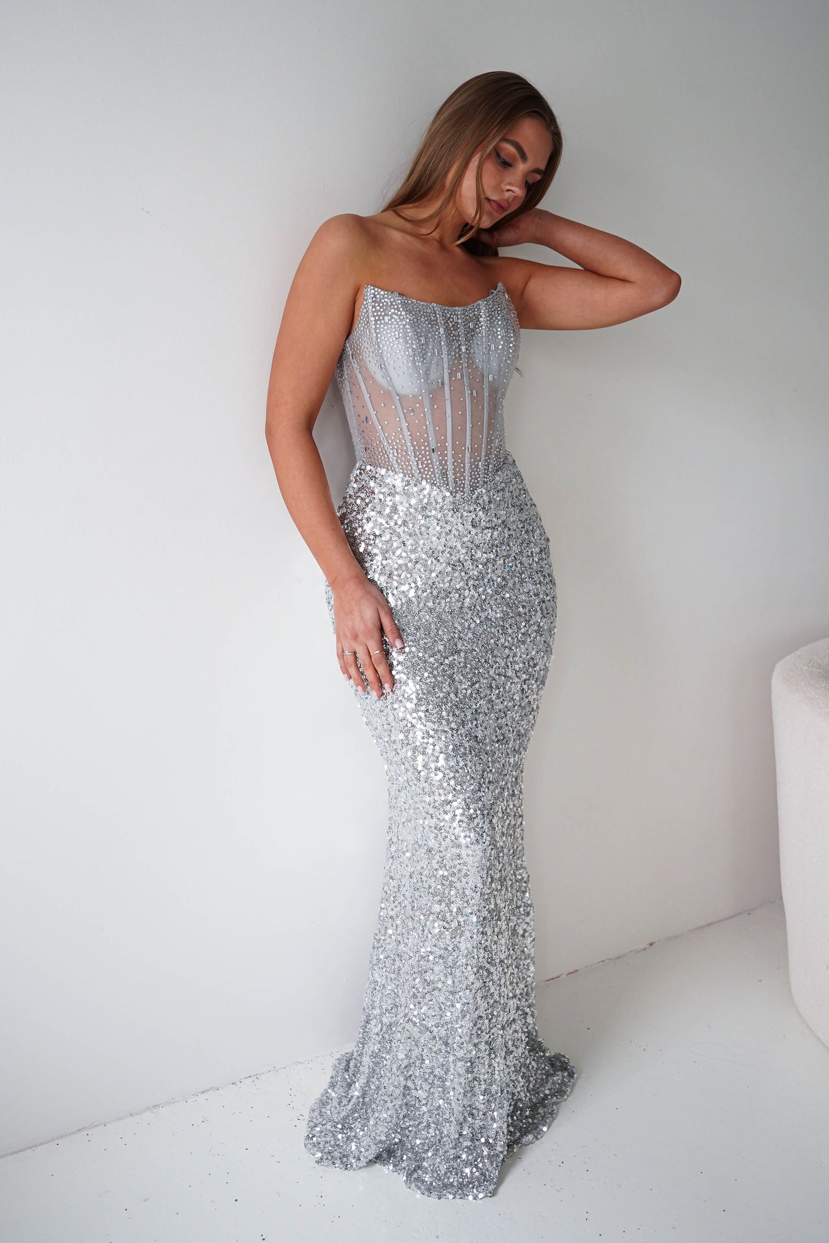 Henrietta Strapless Corset Sequin Gown | Silver-Oh Hello Clothing