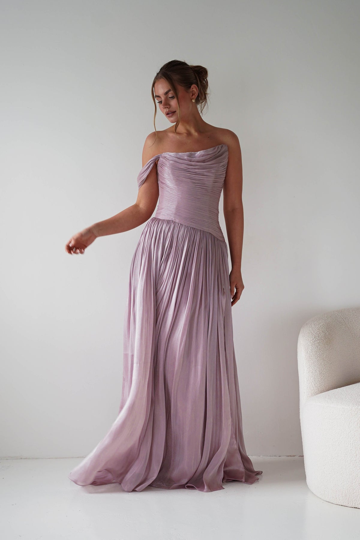 Hepburn One-Shoulder Pleated Maxi Dress | Mauve-Oh Hello Clothing