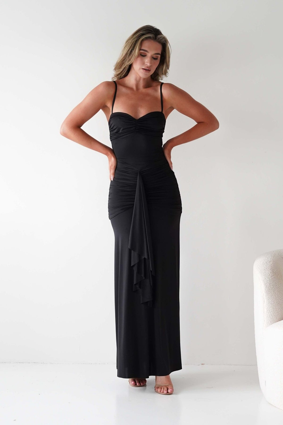 Hera Bodycon Ruffle Maxi Gown Dress | Black-Oh Hello Clothing