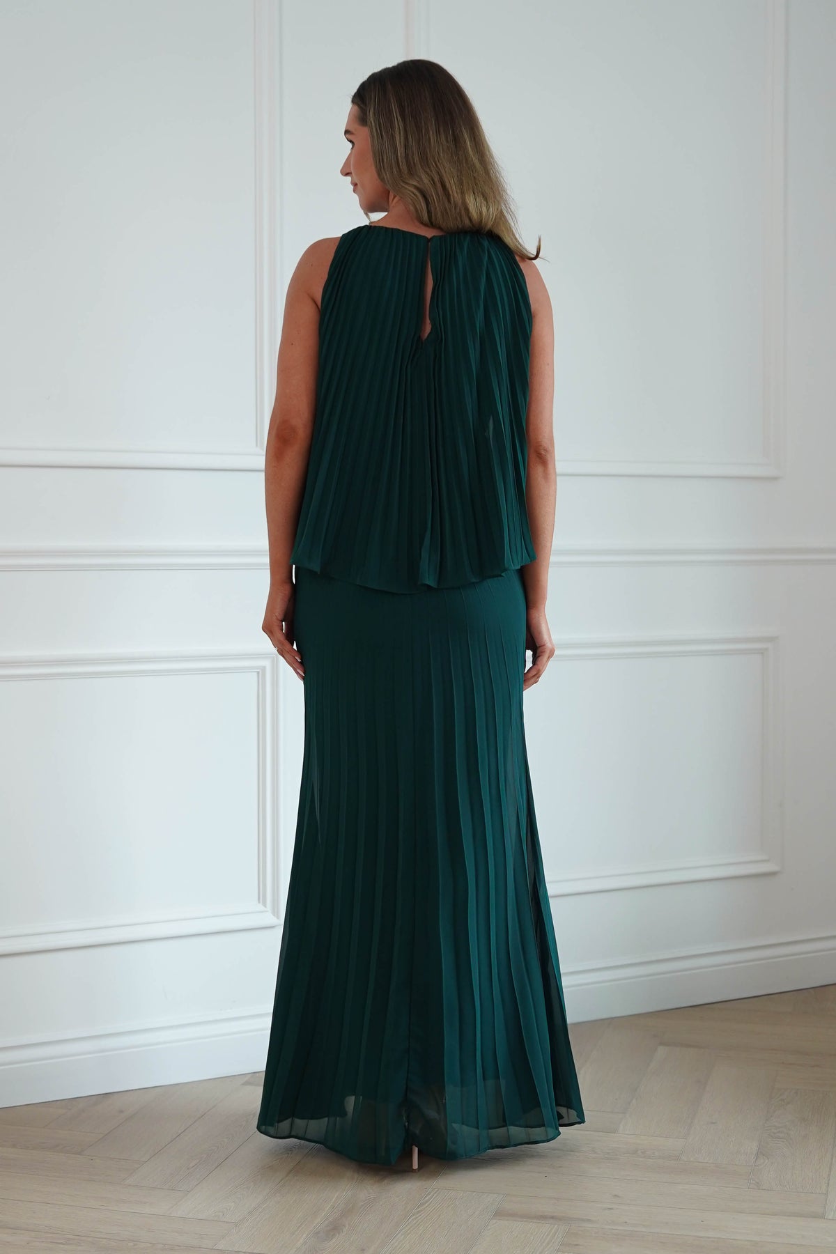 Oh Hello Clothing Women > Clothing > Dresses * DONE - MANIJU | MF23371 |Pleated Overlay Maxi Dress | Emerald Green