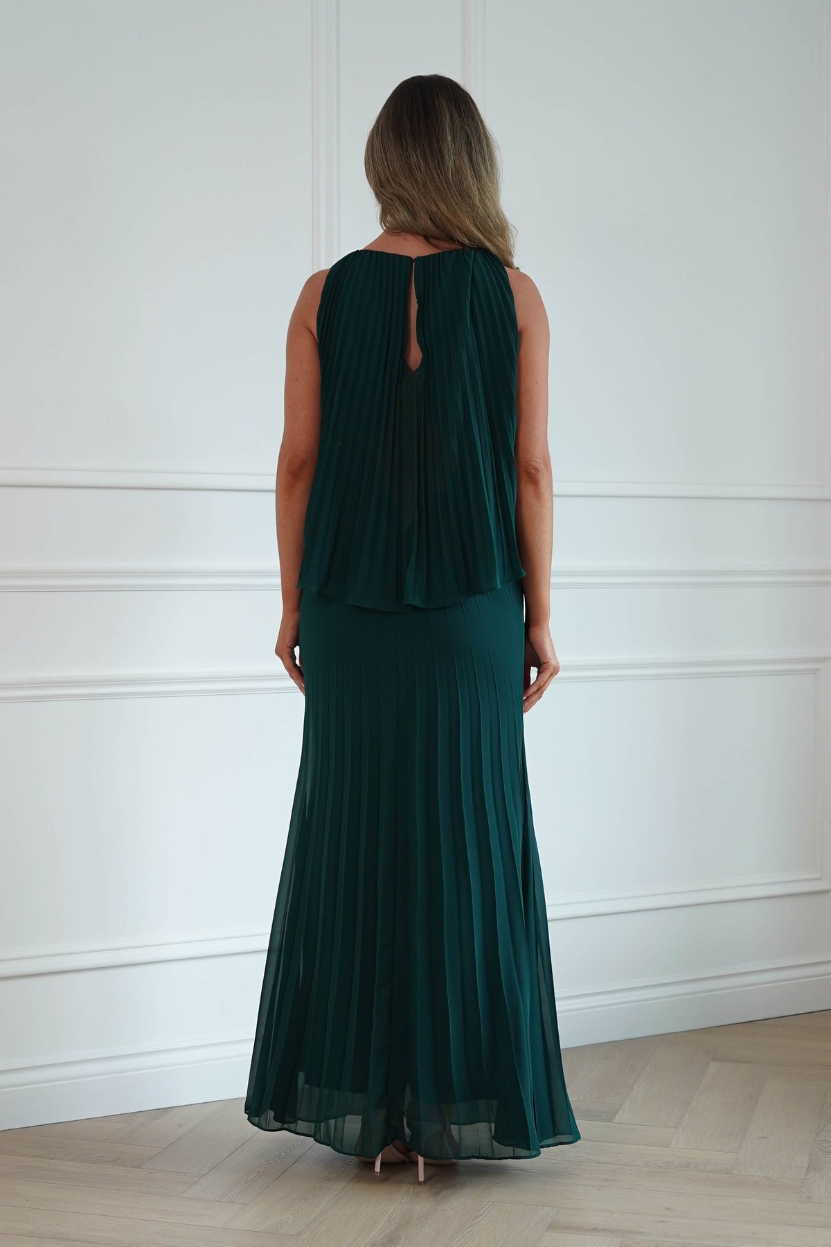 Oh Hello Clothing Women > Clothing > Dresses * DONE - MANIJU | MF23371 |Pleated Overlay Maxi Dress | Emerald Green