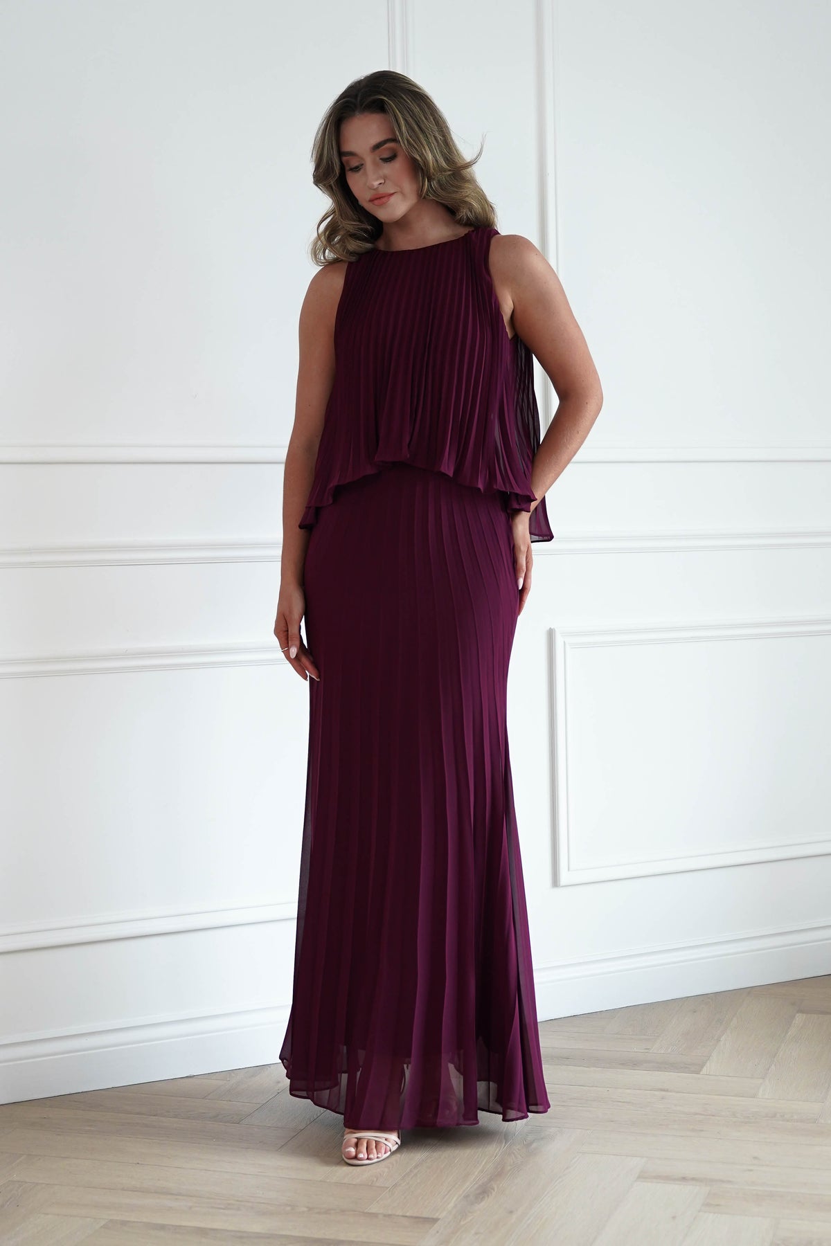 Oh Hello Clothing Women > Clothing > Dresses * DONE - MANIJU | MF23371 |Pleated Overlay Maxi Dress | wine (Copy)