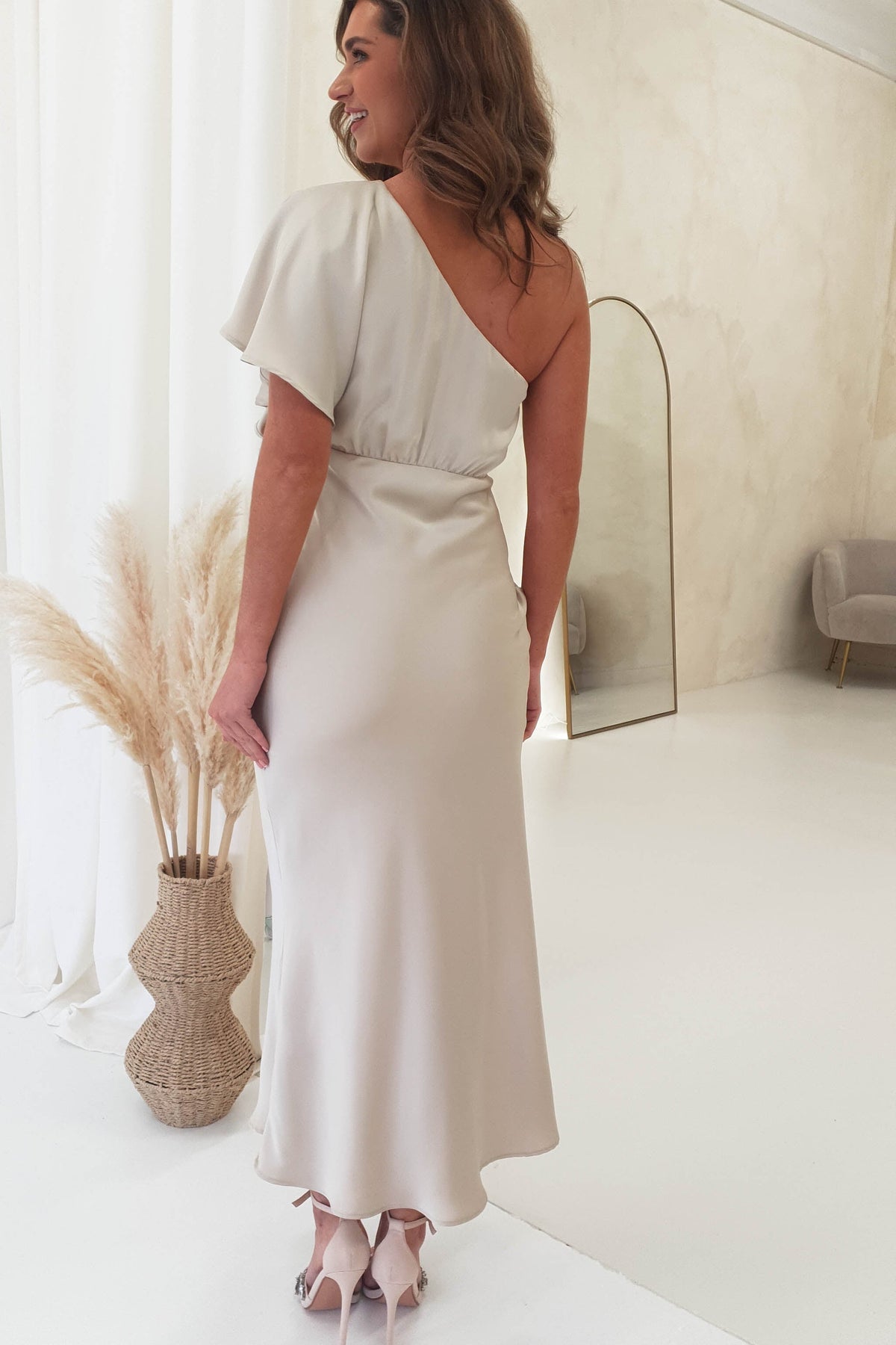 Jenna Soft Satin One Shoulder Maxi | Champagne-Oh Hello Clothing