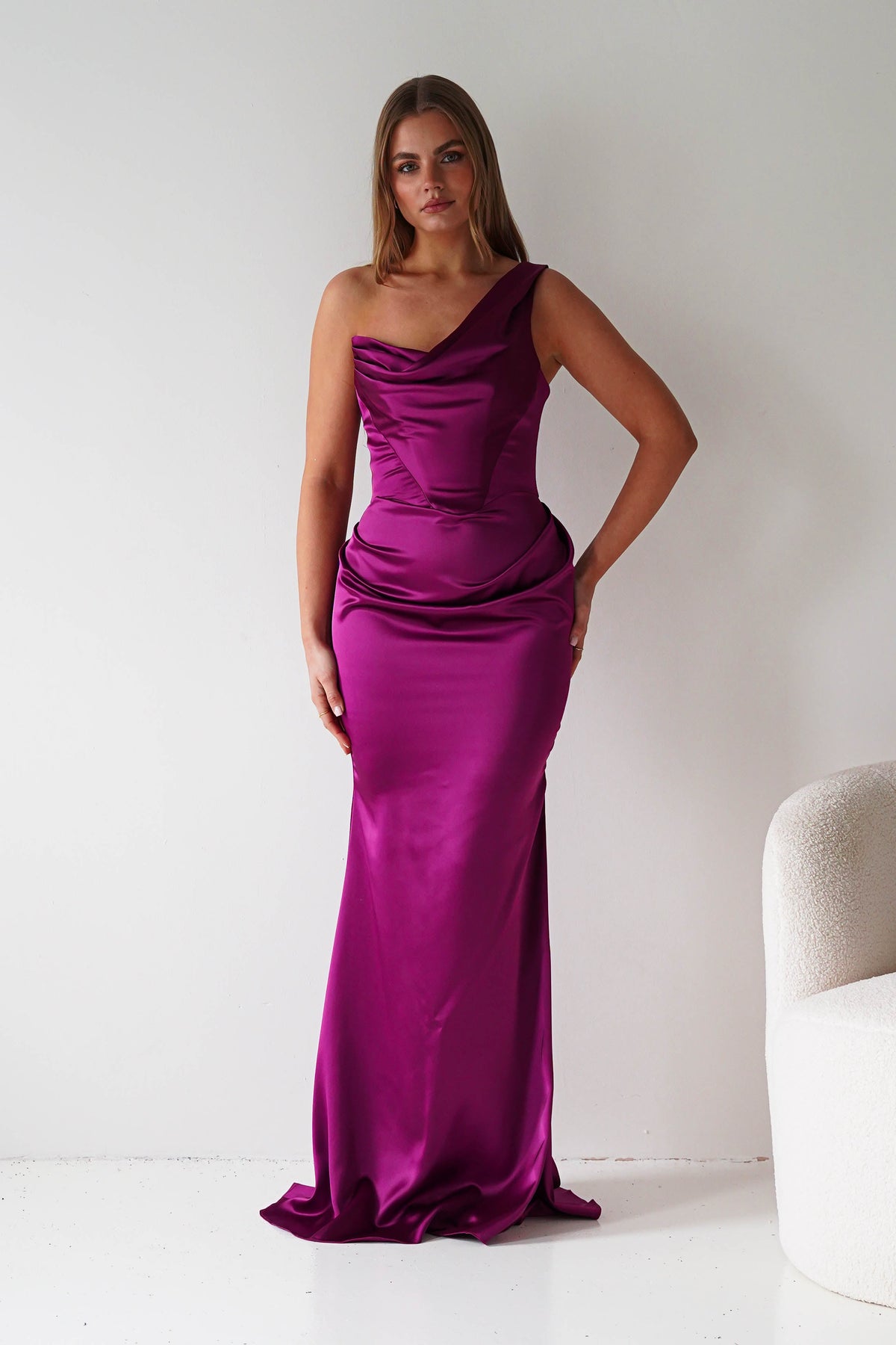 Jessel Satin One Shoulder Draped Maxi Gown | Berry-Oh Hello Clothing