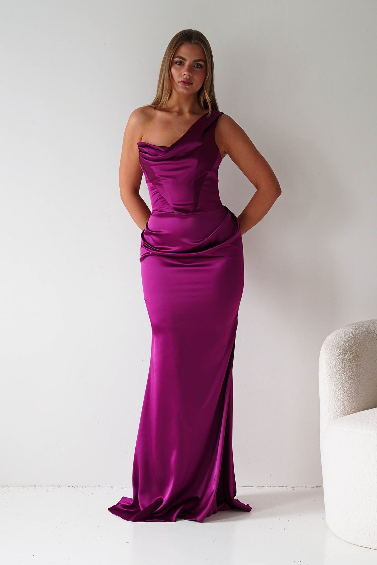 Jessel Satin One Shoulder Draped Maxi Gown | Berry-Oh Hello Clothing