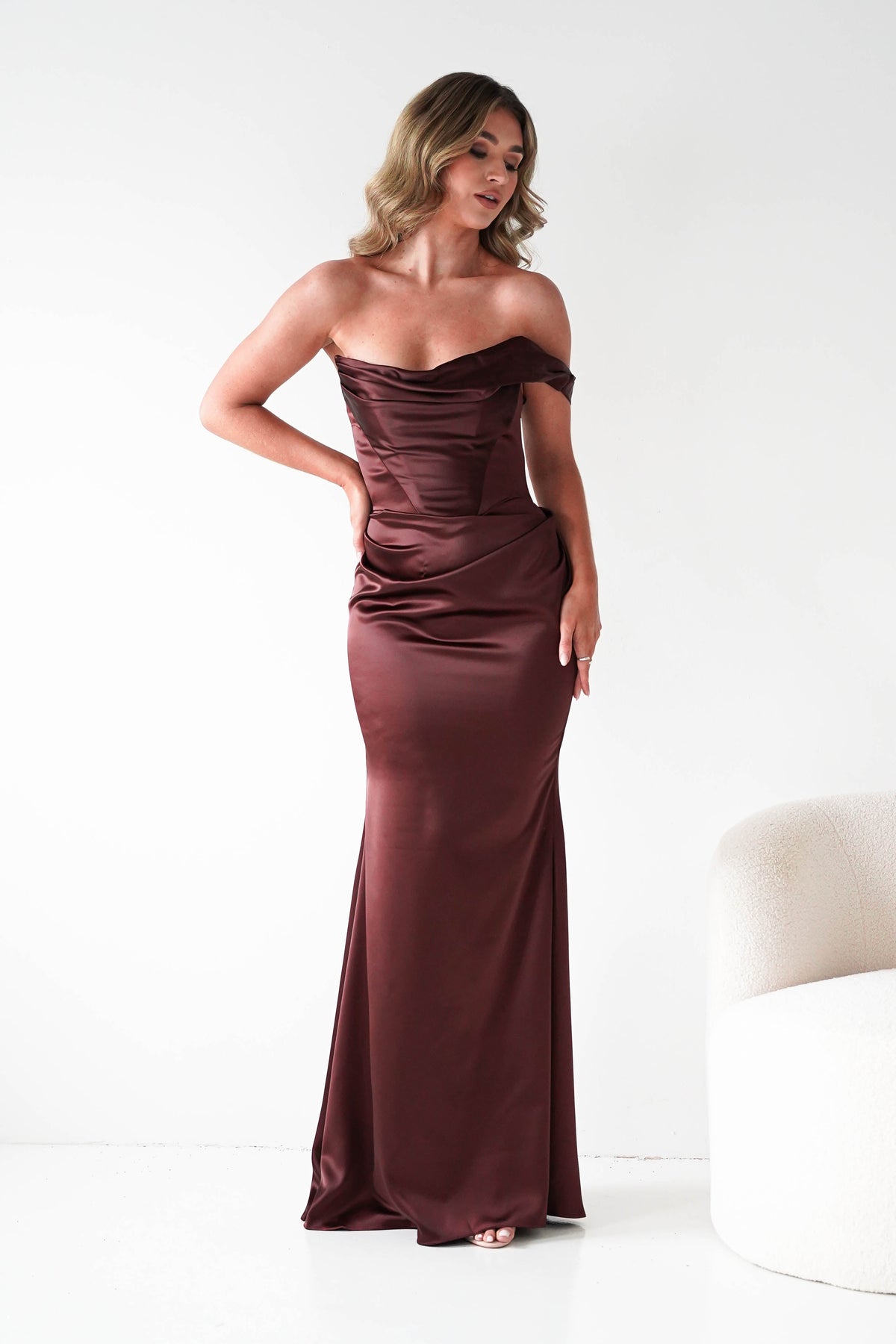 Jessel Satin One Shoulder Draped Maxi Gown | Brown-Oh Hello Clothing
