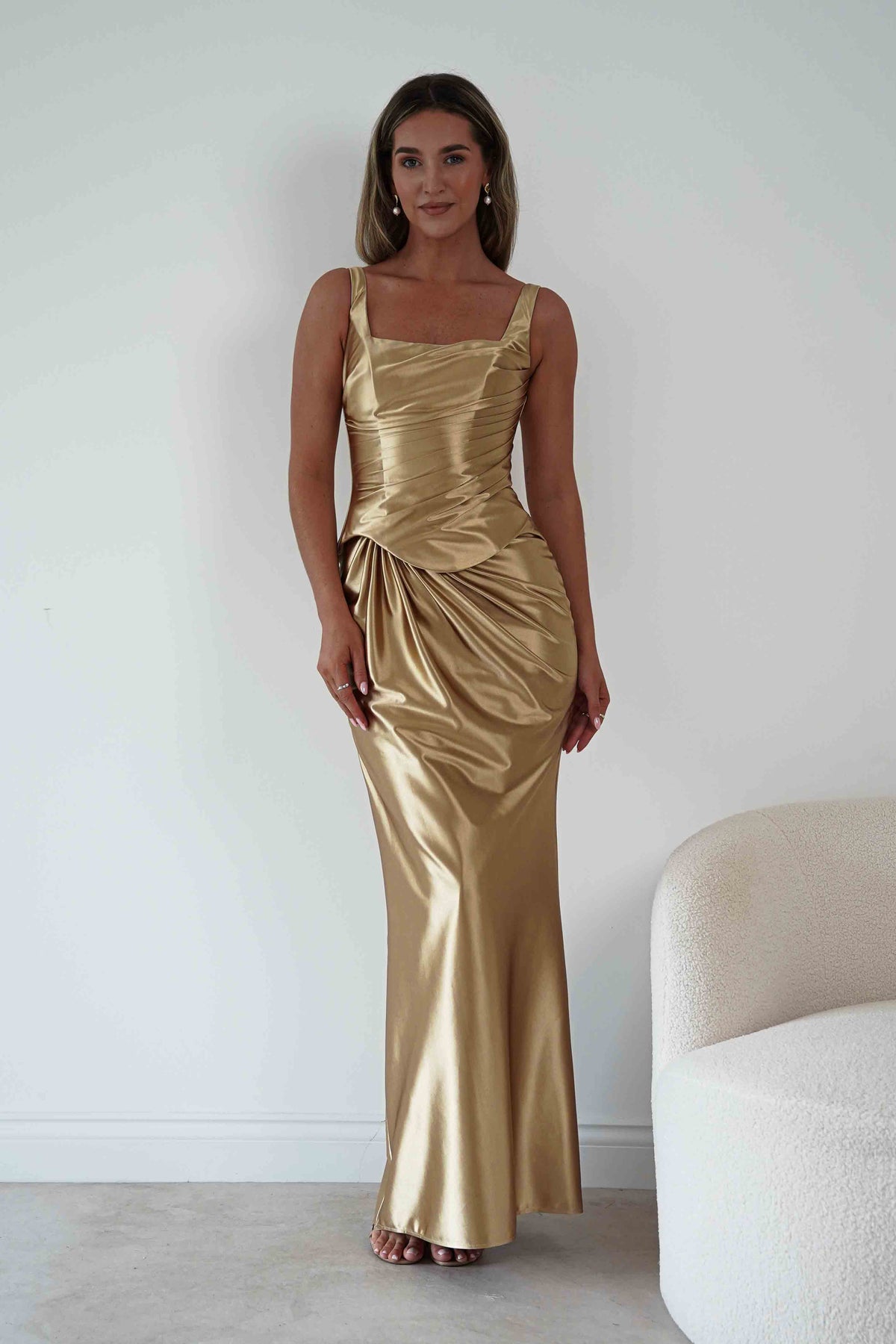 Jolena Corset Draped Maxi Gown | Gold-Oh Hello Clothing