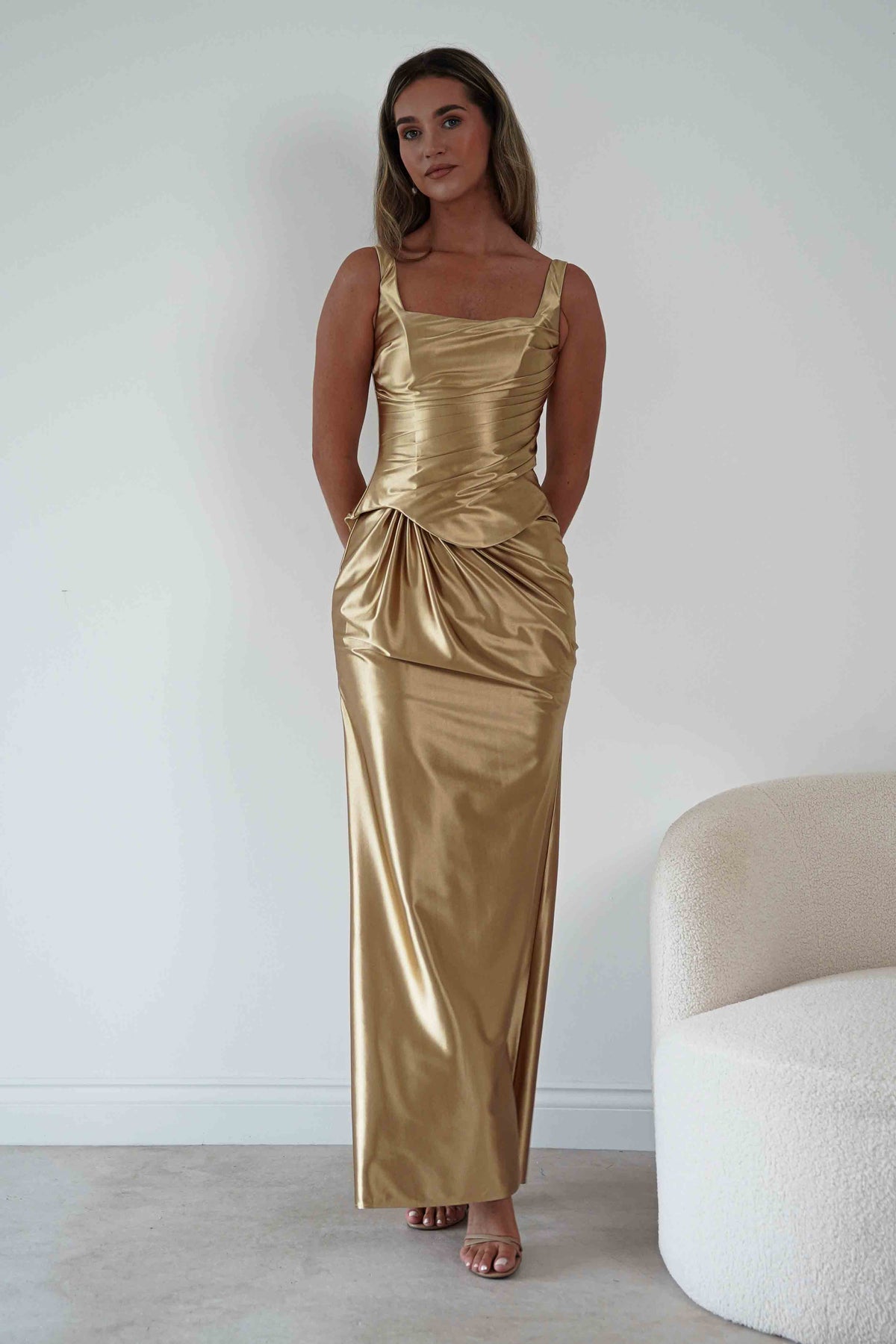 Jolena Corset Draped Maxi Gown | Gold-Oh Hello Clothing