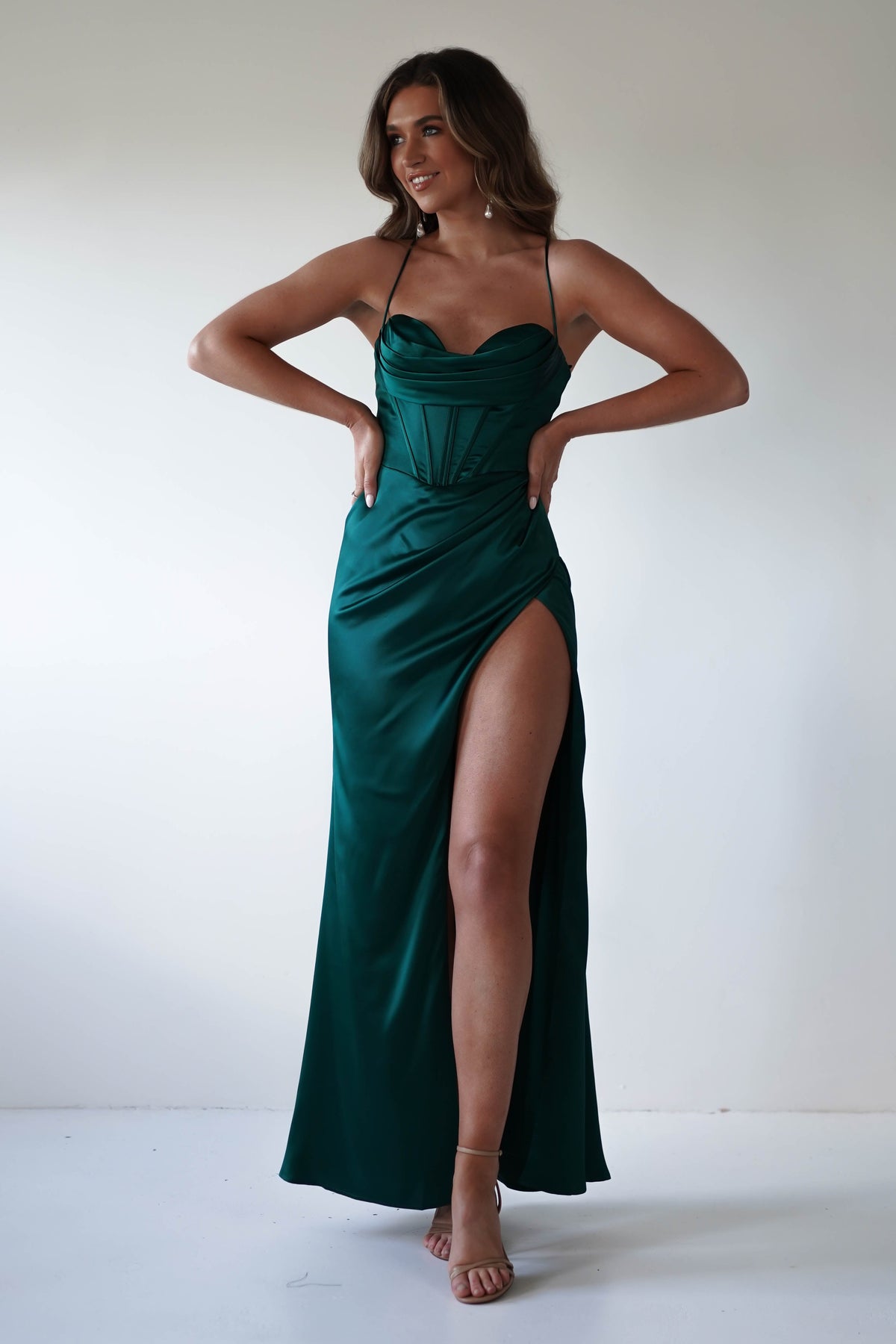 Julianne Corset Satin Gown | Emerald Green-Oh Hello Clothing