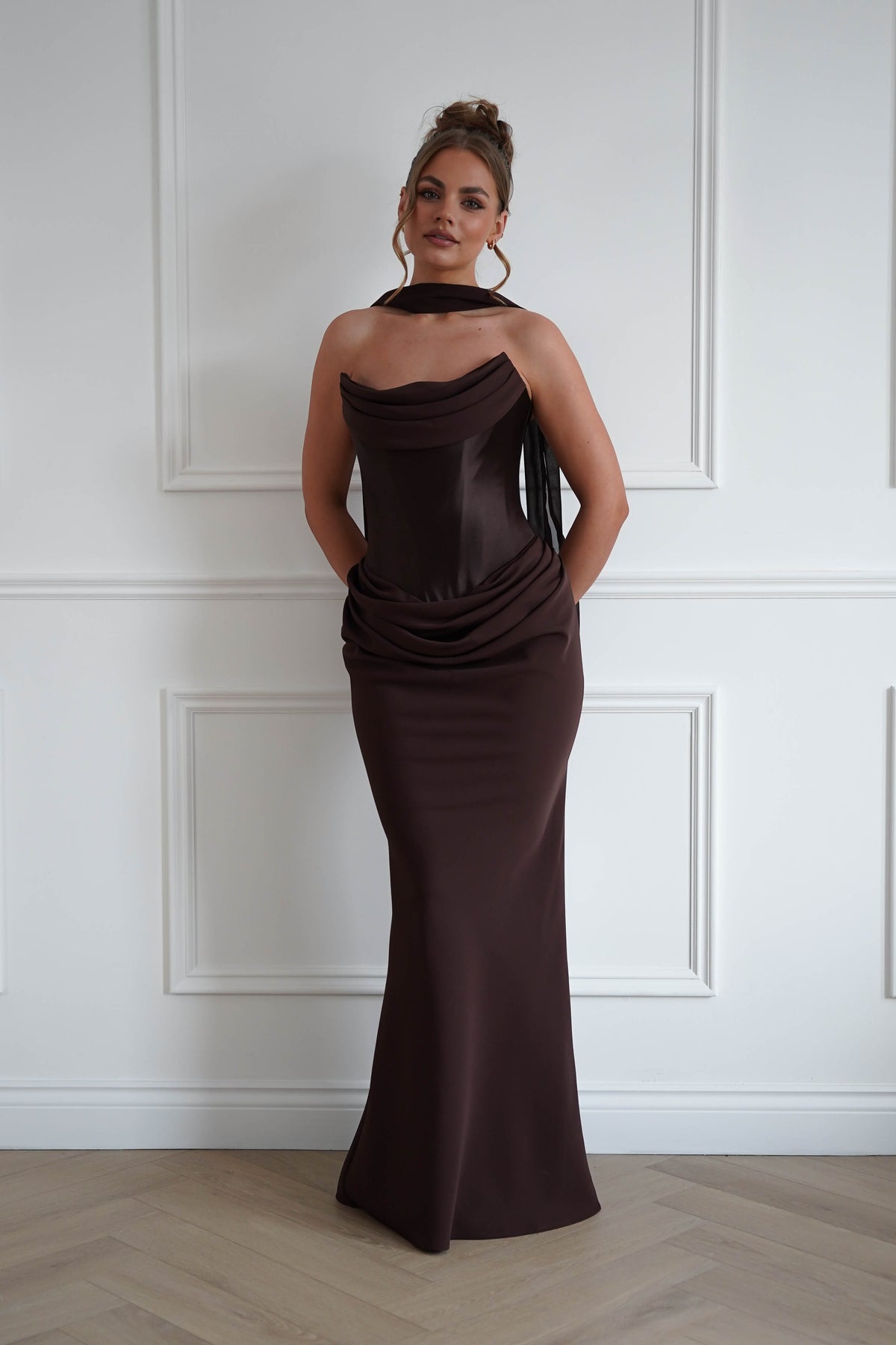 Kailani Strapless Ruched Maxi Dress | Brown-Oh Hello Clothing