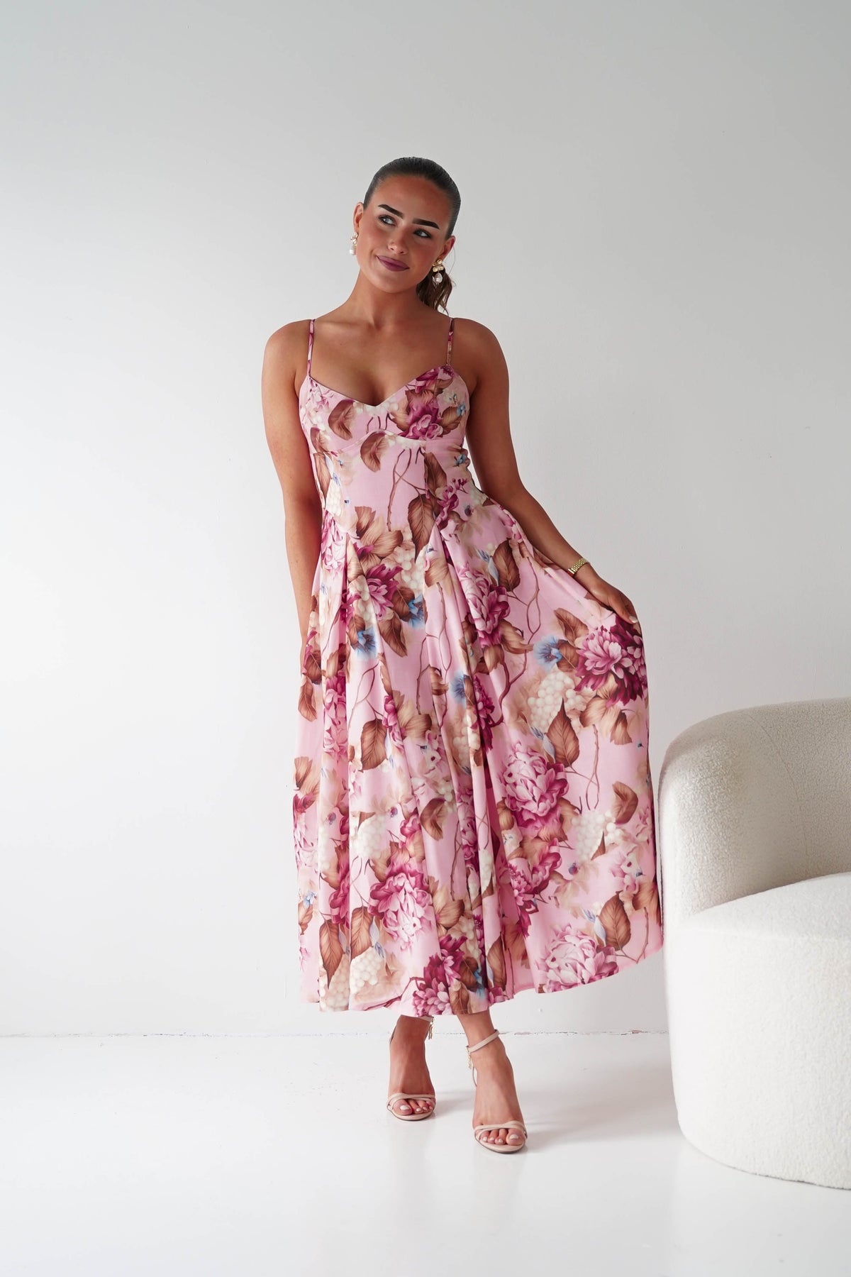 Karissa Floral Print Sweetheart Midi Dress | Pink-Oh Hello Clothing