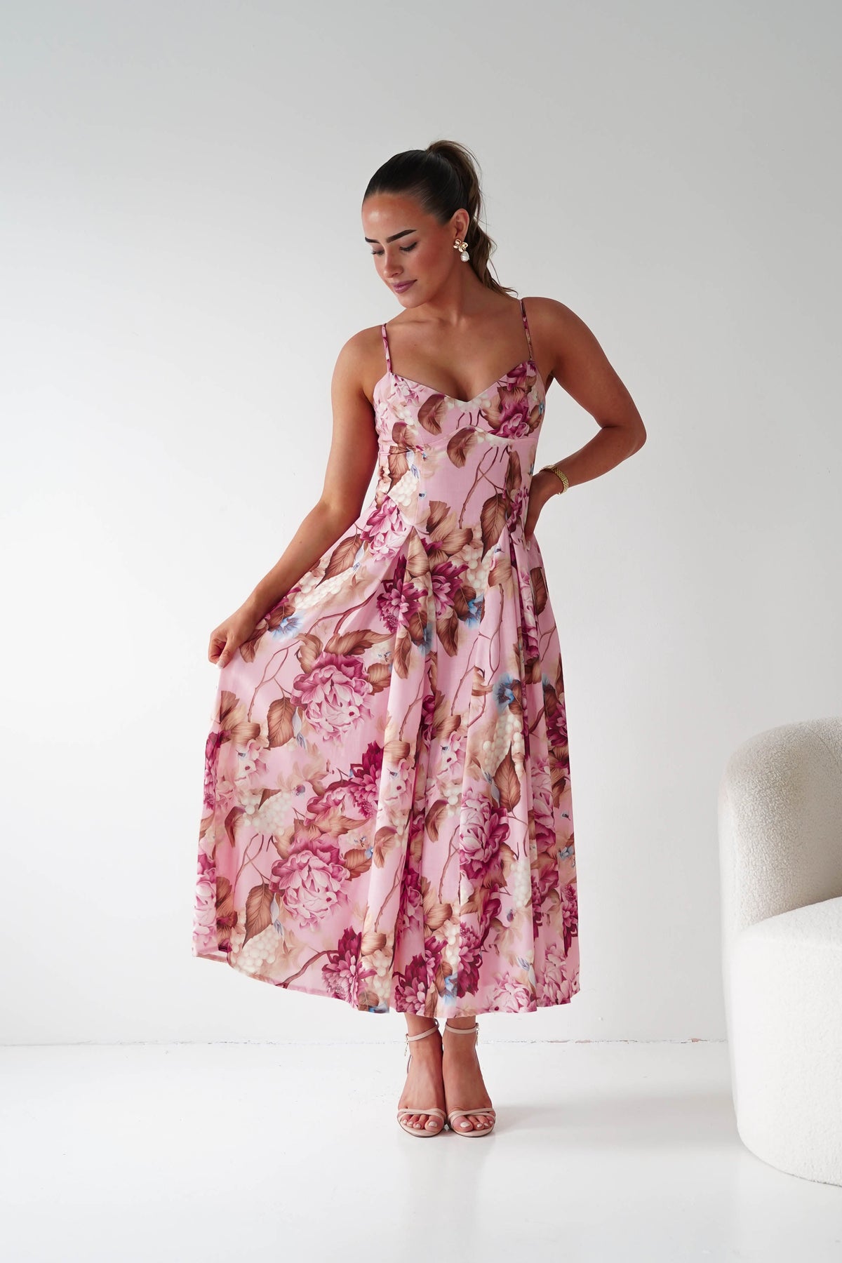 Karissa Floral Print Sweetheart Midi Dress | Pink-Oh Hello Clothing