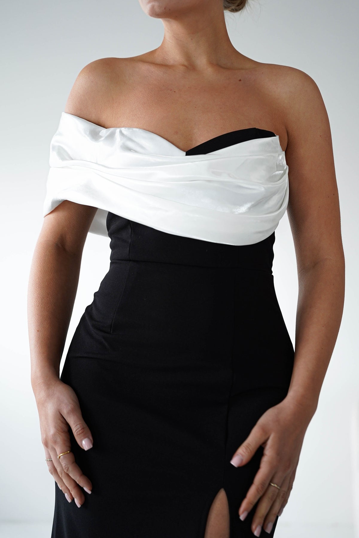 Karlene Off The Shoulder Gown | Black/White-Oh Hello Clothing