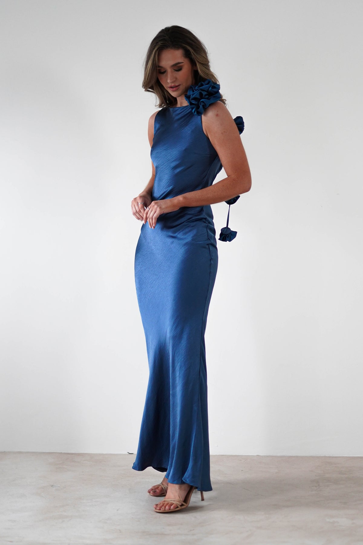 Karley Soft Satin Maxi Dress | Slate Blue-Oh Hello Clothing