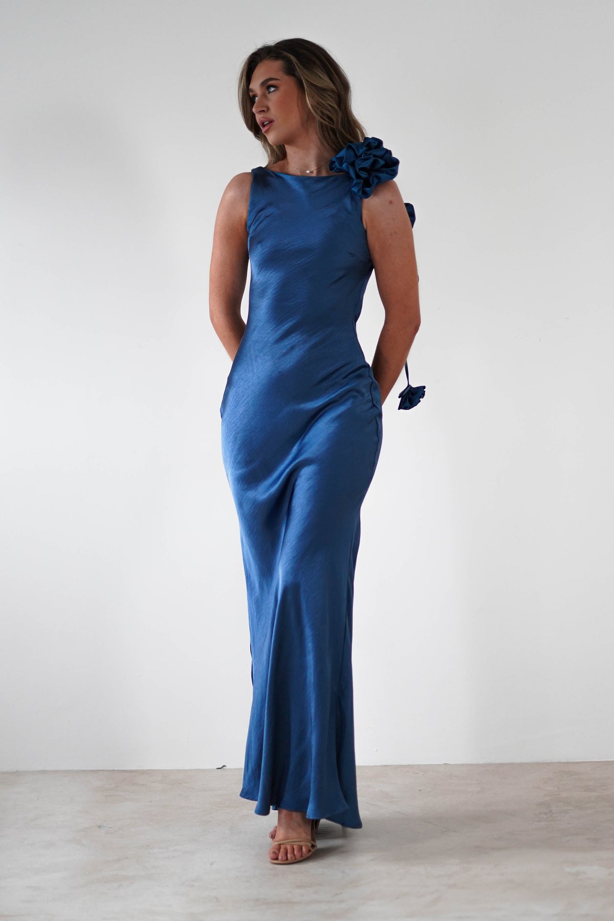 Karley Soft Satin Maxi Dress | Slate Blue-Oh Hello Clothing