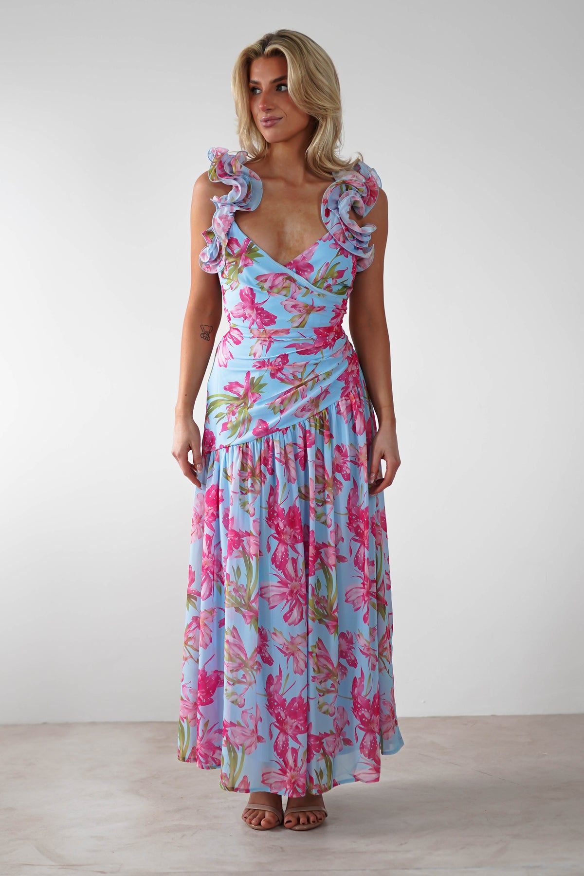 Karmen Ruffle Floral Midaxi Dress | Blue/Pink-Oh Hello Clothing