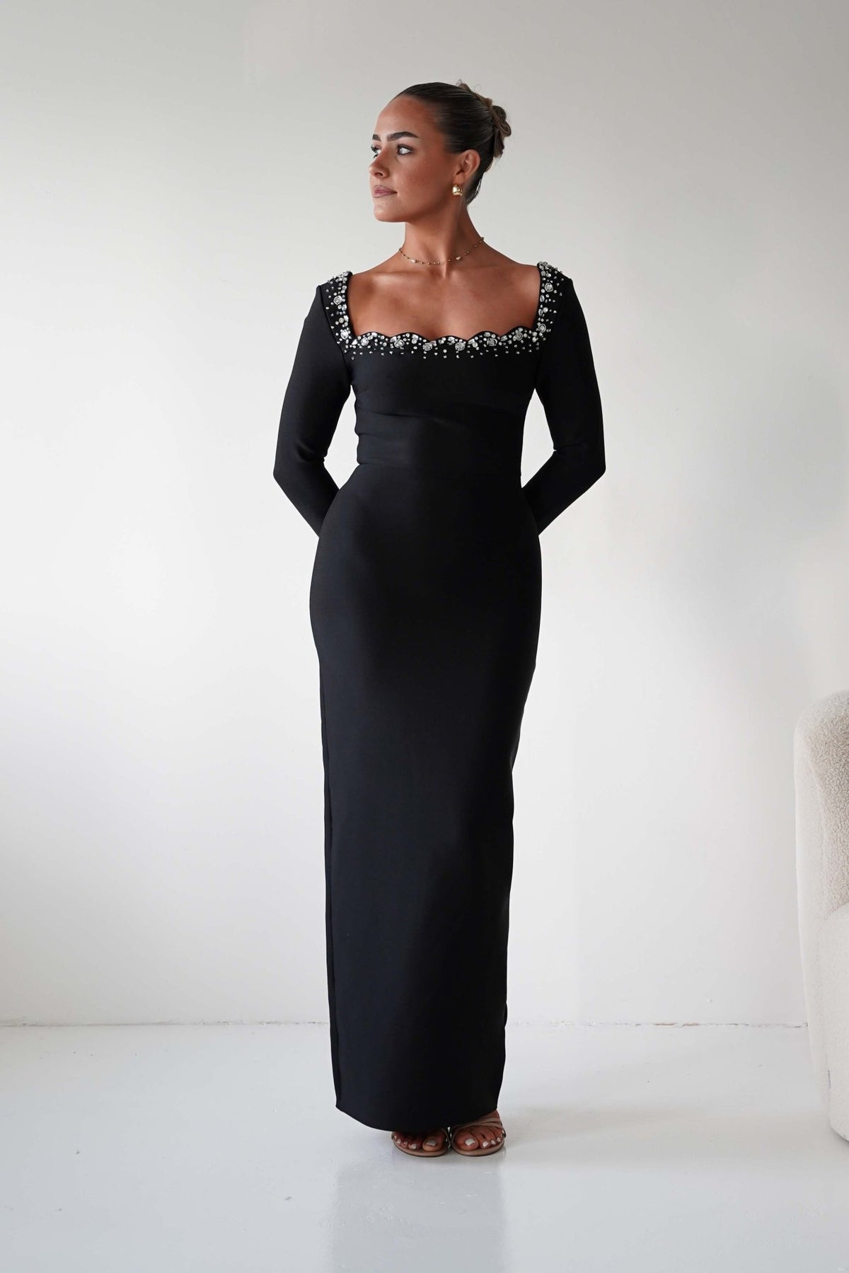 Katelyn Embellished Square Neck Maxi Dress | Black-Oh Hello Clothing