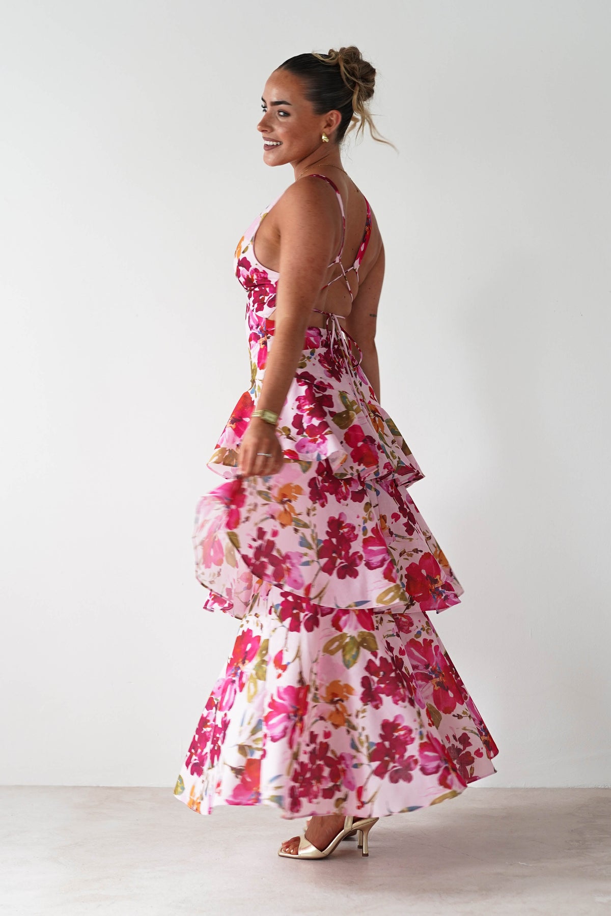 Katrina Floral Print Cotton Ruffle Maxi Dress | Pink-Oh Hello Clothing