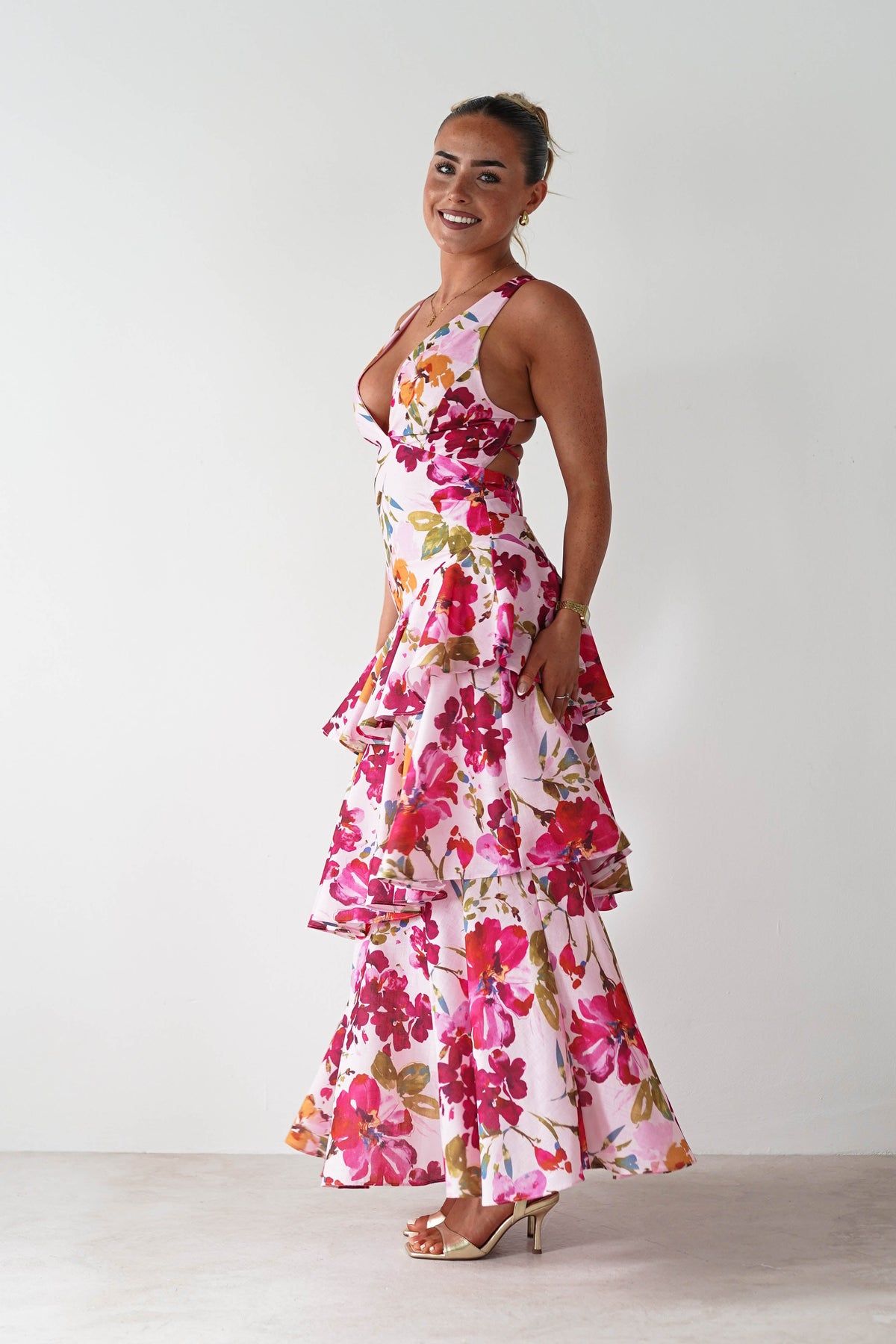 Katrina Floral Print Cotton Ruffle Maxi Dress | Pink-Oh Hello Clothing