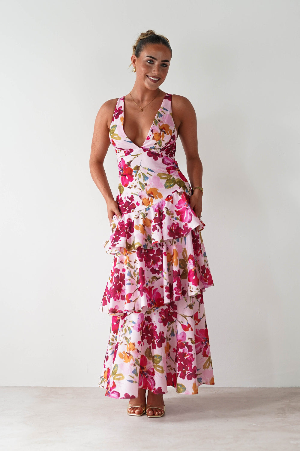 Katrina Floral Print Cotton Ruffle Maxi Dress | Pink-Oh Hello Clothing