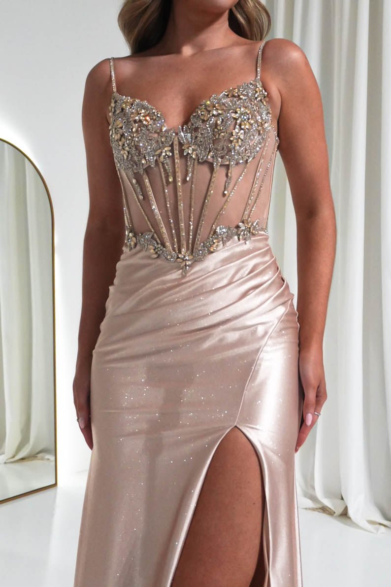 Kayla Embellished Corset Glitter Gown | Light Gold-Oh Hello Clothing