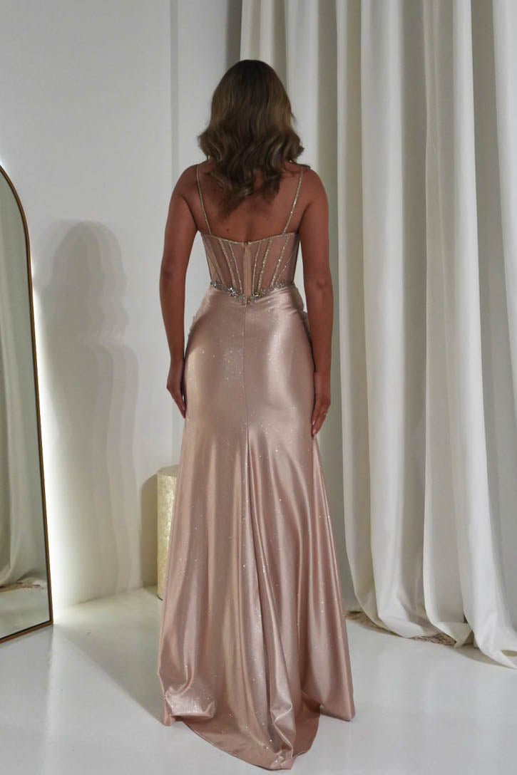 Kayla Embellished Corset Glitter Gown | Light Gold-Oh Hello Clothing
