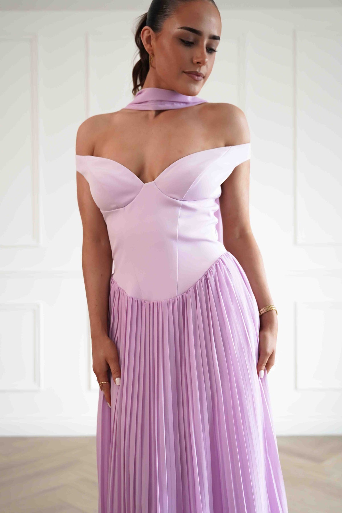 Kelsea Off The Shoulder Pleated Maxi Dress | Lilac-Oh Hello Clothing
