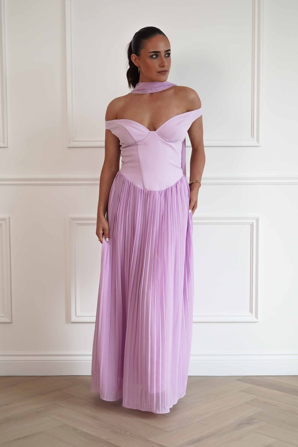 Kelsea Off The Shoulder Pleated Maxi Dress | Lilac-Oh Hello Clothing