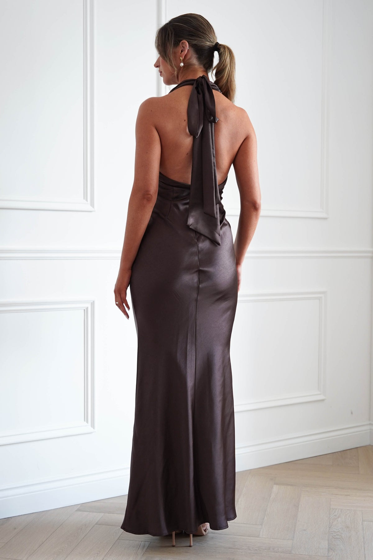 Kessa Plunge Neck Satin Maxi Dress | Brown-Oh Hello Clothing