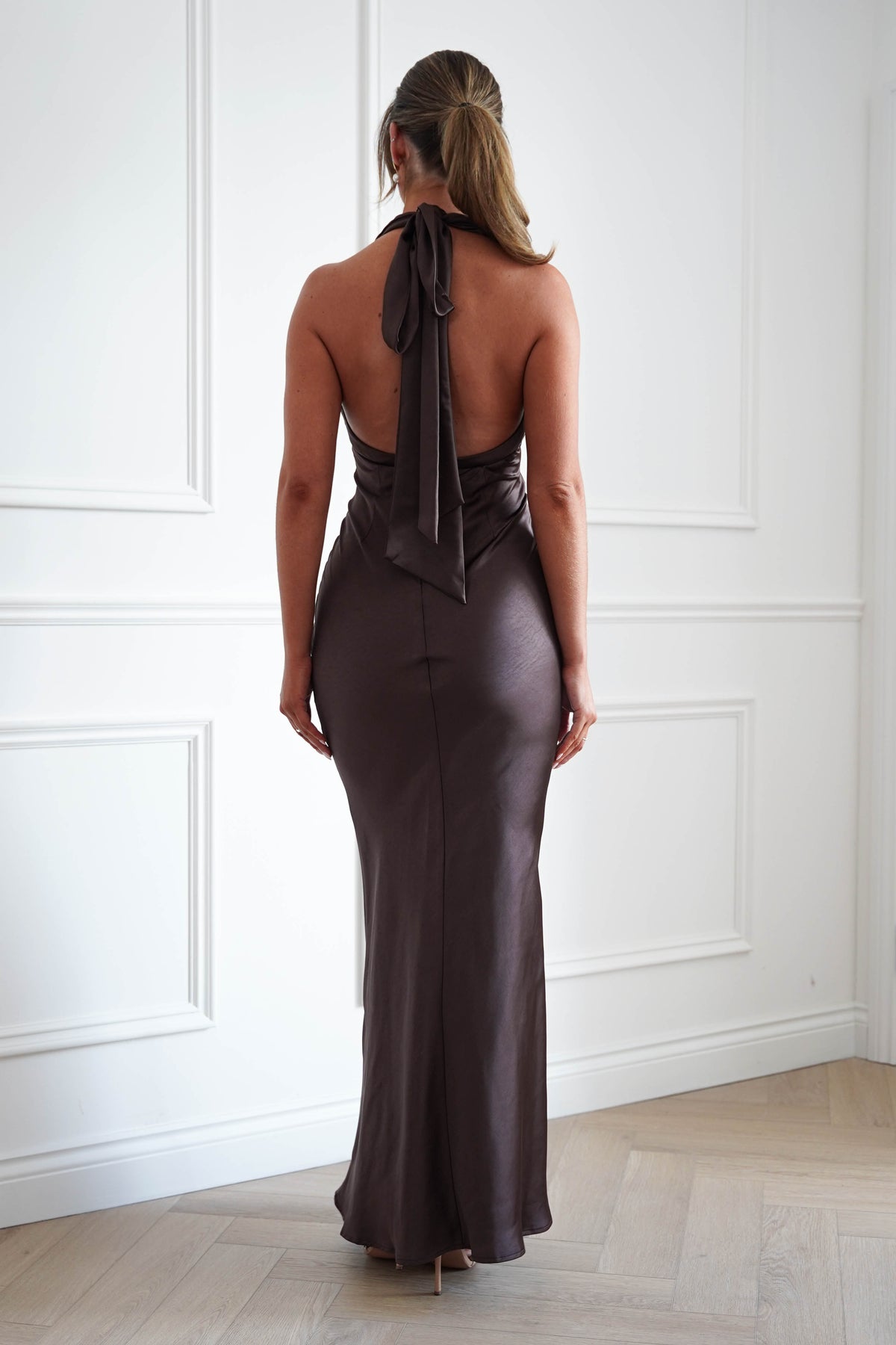 Kessa Plunge Neck Satin Maxi Dress | Brown-Oh Hello Clothing