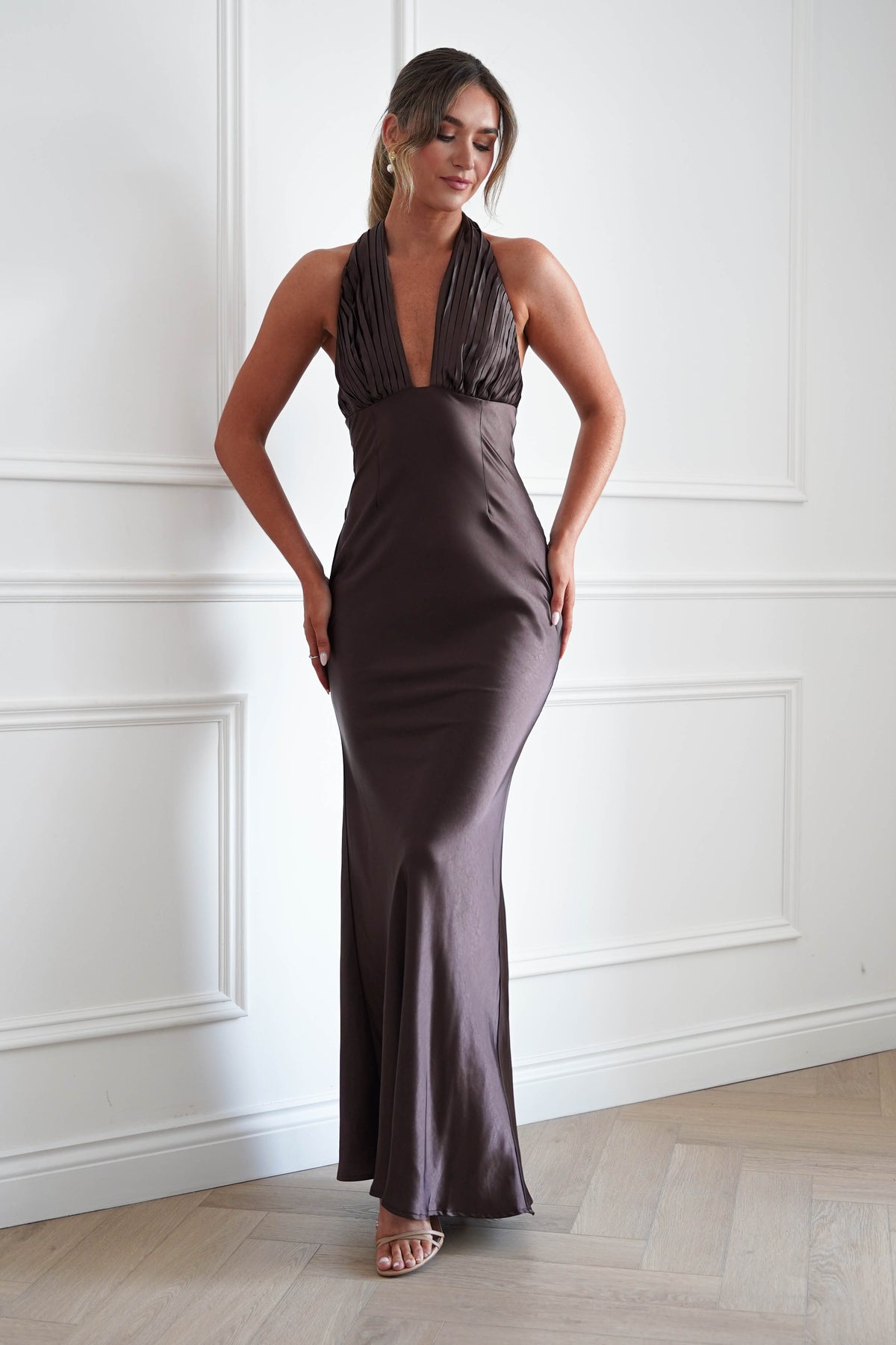 Kessa Plunge Neck Satin Maxi Dress | Brown-Oh Hello Clothing