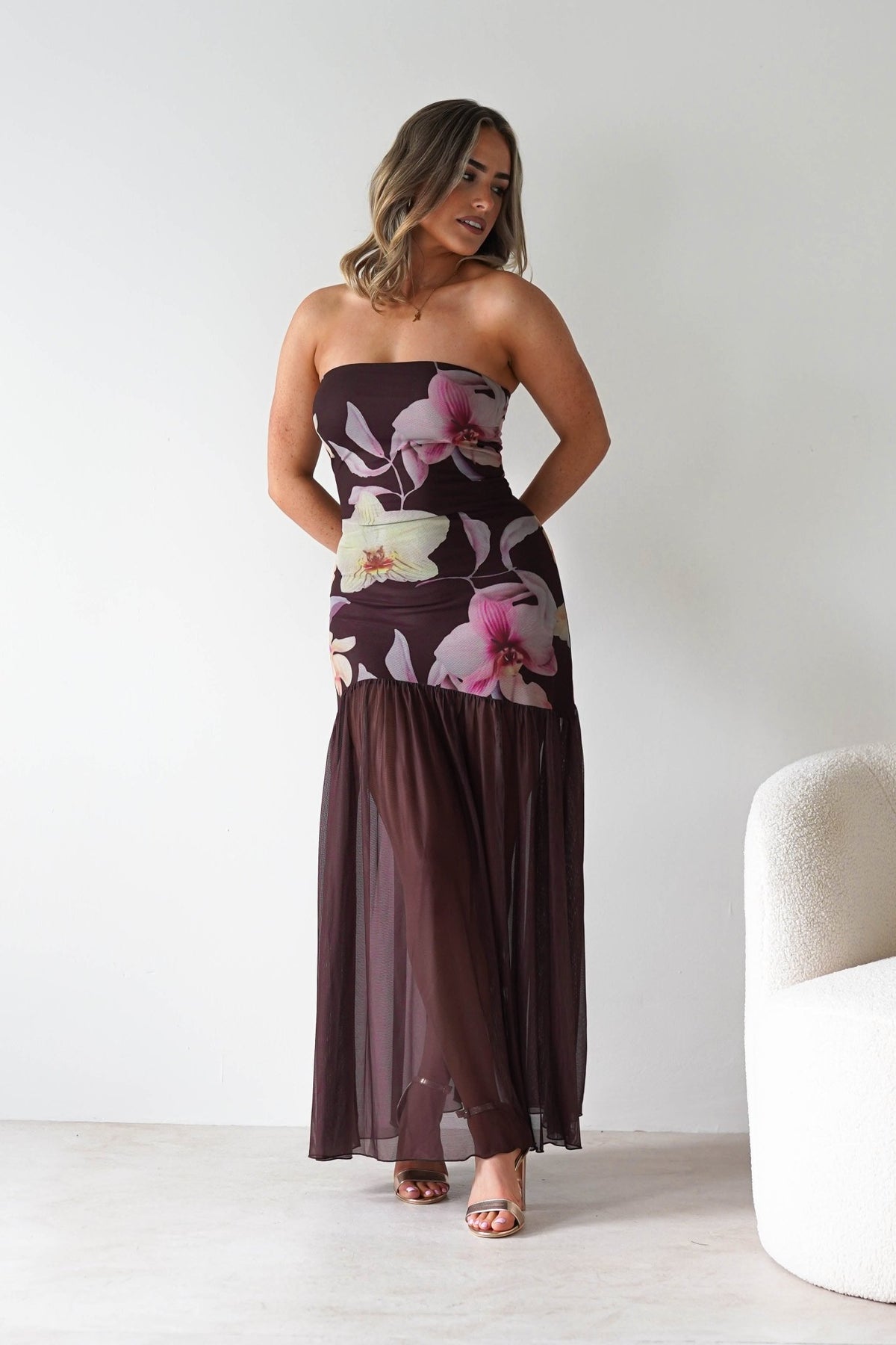Khalani Strapless Midaxi Dress | Brown Floral-Oh Hello Clothing