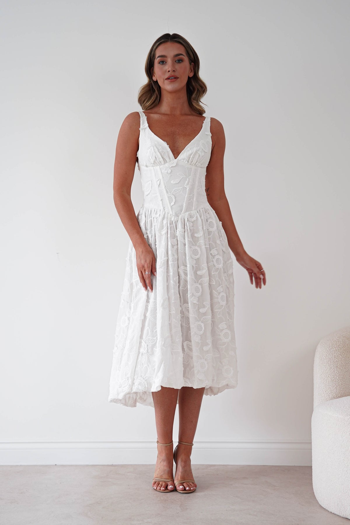 Kiana Floral Textured Midi Dress | White-Oh Hello Clothing