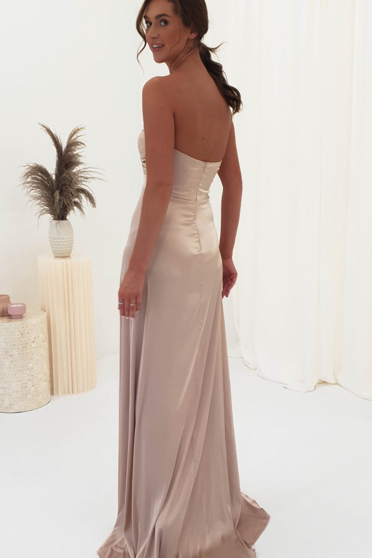 Krysta Soft Satin Long Strapless Gown | Champagne-Oh Hello Clothing