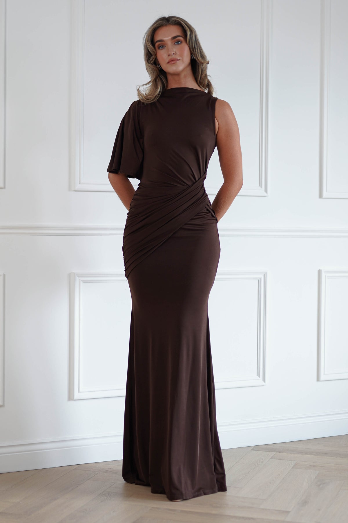 Oh Hello Clothing Women > Clothing > Dresses Lainey One Asymmetric One Shoulder Maxi Dress | Brown