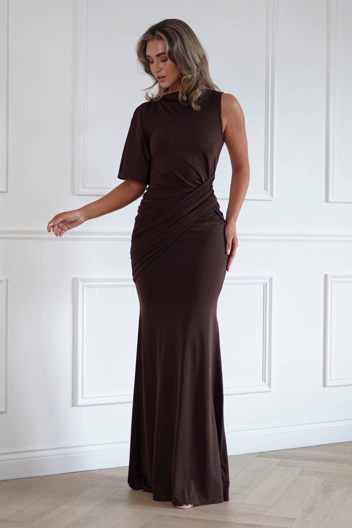 Oh Hello Clothing Women > Clothing > Dresses Lainey One Asymmetric One Shoulder Maxi Dress | Brown
