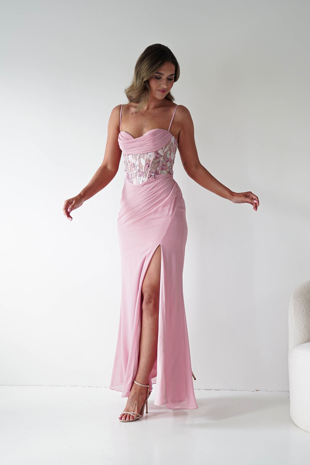 Lissy Floral Beaded Corset Maxi Gown | Pink-Oh Hello Clothing
