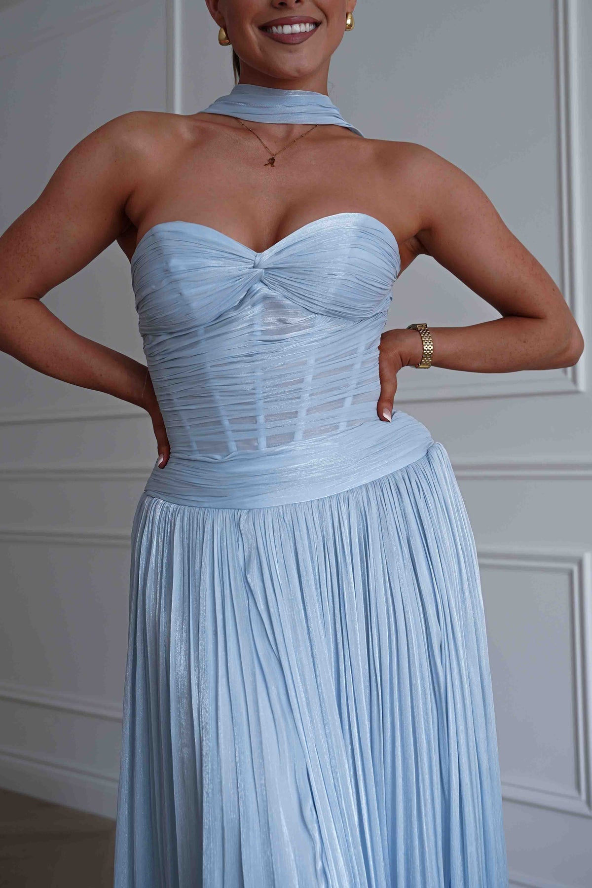 Longoria Pleated Luminescent Maxi Gown | Blue-Oh Hello Clothing
