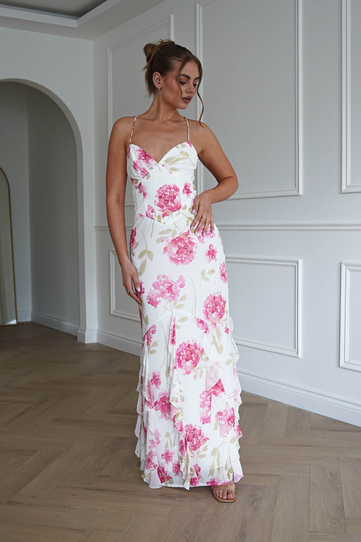 Loralie Floral Ruffle Hem Maxi Dress | White/Pink-Oh Hello Clothing